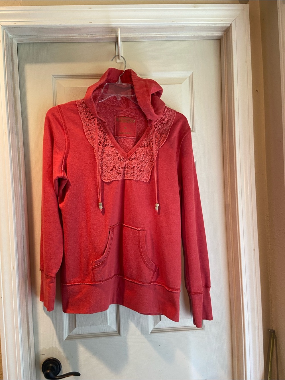Maurices Red Crochet V-Neck Hooded Sweatshirt